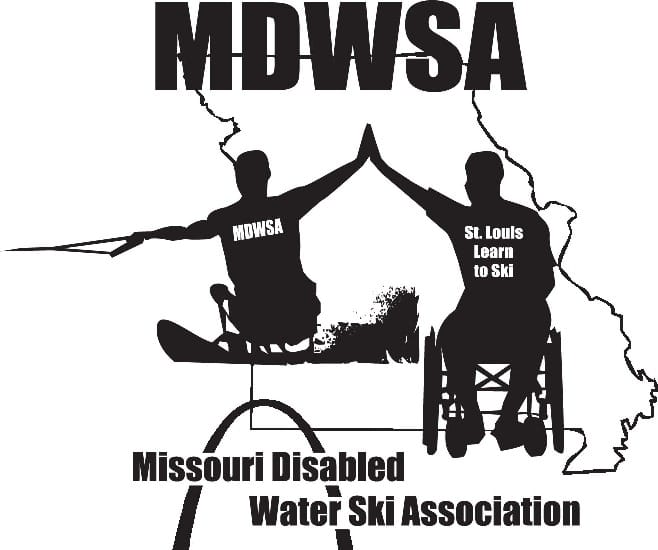 MDWSA with an outline of the state of Missouri, the silhouette of two males; one who is sit skiing, holding the tow rope with his left hand and giving a high five to a man in a wheelchair with his right hand. Under that is an arch with the words "Missouri Disabled Water Ski Association" running through it. To the right is a photo of an adult male sit skiing and underneat it all, is ww